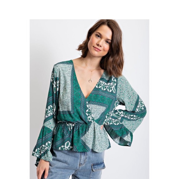 Easel Tropical Green Printed Surplice Overlap Front Peplum Elastic Ruffle Top - Picture 4 of 9